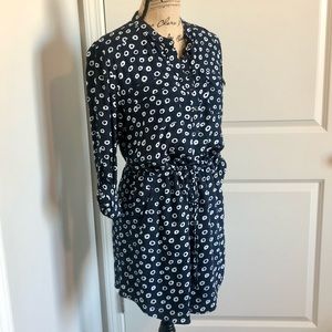 Loft Dark Blue Circle Print Tie Waist Mini Dress